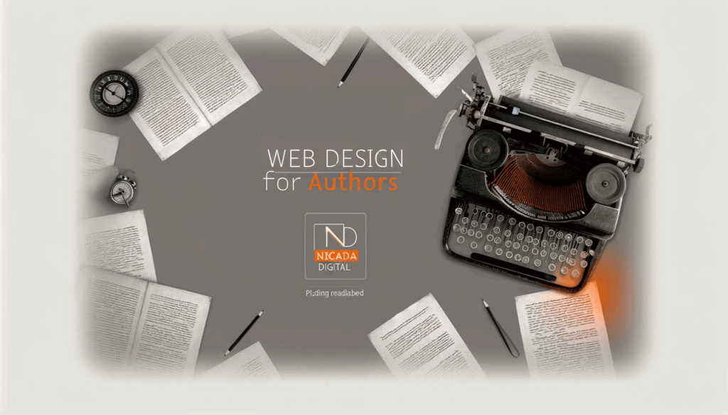Image for Web Design for Authors featuring an artistic interpretation of a writer's workspace, focusing on a vintage typewriter and scattered manuscript pages