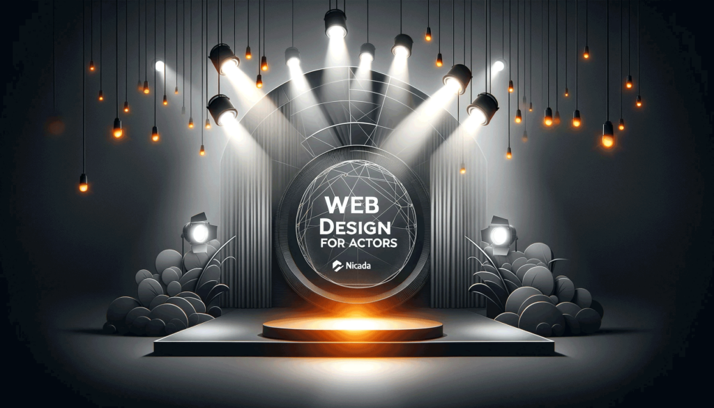 Web Design for Actors Image featuring a dynamic, theatrical backdrop with spotlights in grey tones, highlighting a central stage area in orange