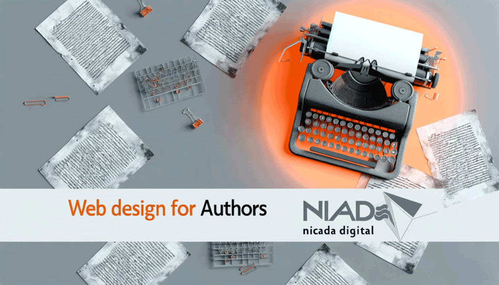 Web Design for Authors Image featuring an artistic interpretation of a writer's workspace, focusing on a vintage typewriter and scattered manuscript pages